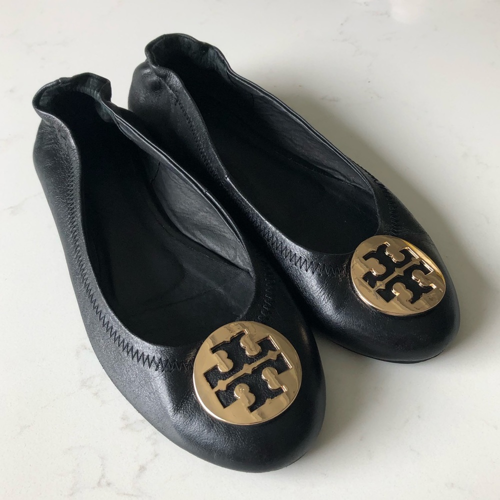 Tory Burch Reva Ballet Flats Sz 41 (US 8.5) EUC Black leather gold faceplate